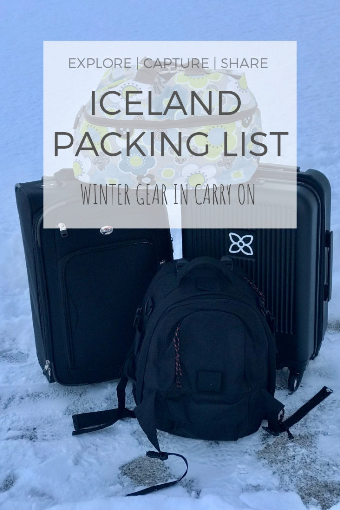 Packing for winter trip to Iceland. 2 people for 2 nights packed in 2 carryons plus 2 personal items. Iceland Packing list. Winter gear in carry on #icelandwinter #explorecaptureshare