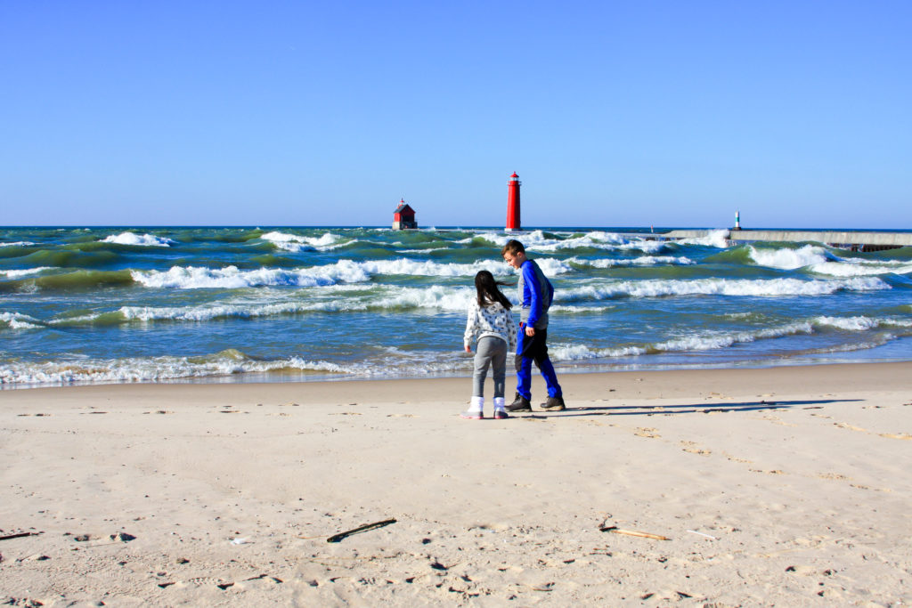 Grand Haven Pier and lighthouse. Big waves